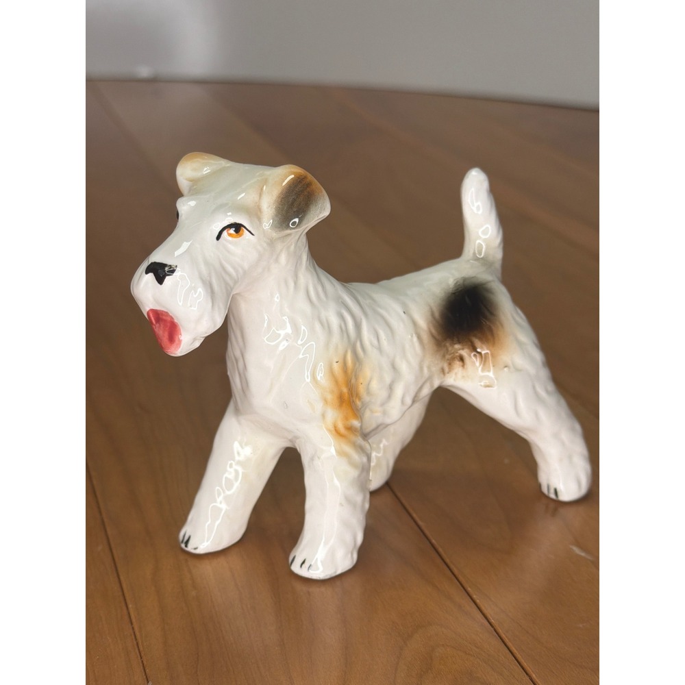 Vintage Mid Century Porcelain Wire Fox Terrier Figurine Japan Tri Color Dog